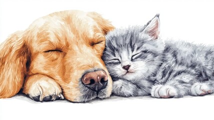 A golden retriever and a gray kitten sleep peacefully side by side, showcasing their adorable friendship and bond.
