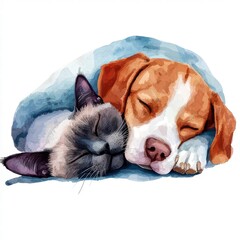 A heartwarming illustration of a dog and a cat peacefully sleeping together, showcasing their friendship and companionship.
