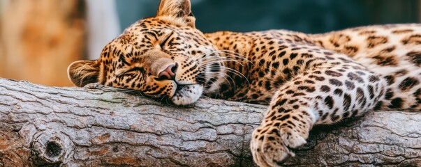 Obraz premium A serene leopard rests on a log, showcasing its beautiful spotted coat and relaxed demeanor in a natural setting.