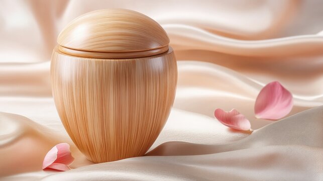 Elegant Wooden Funeral Urn on Silk Fabric with Falling Petals