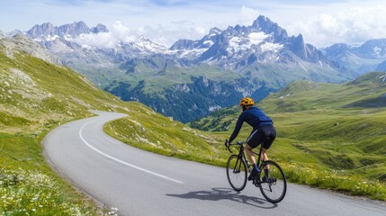 Fototapeta premium A cyclist rides along a winding road surrounded by lush green hills and majestic mountains under a partly cloudy sky.