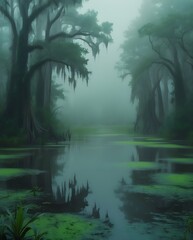 Fototapeta premium Foggy swamp with dense cypress trees and calm reflective water. A tranquil yet eerie wetland environment filled with lush greenery, hanging moss, and deep wilderness ambiance.