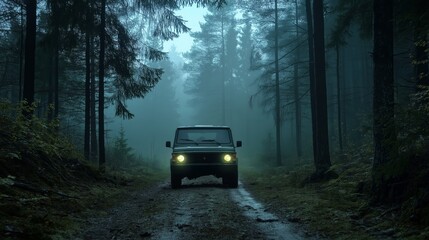 Off-Road Vehicle Driving Through a Mysterious Foggy Forest Path at Dusk