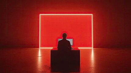 Silhouette of person working at computer in red-lit room.