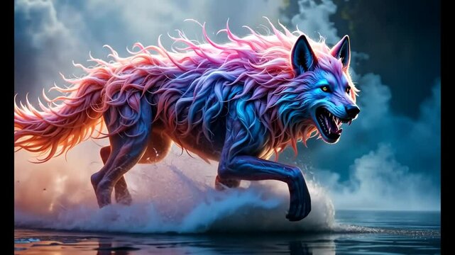 water mixed with steam, full color that formed a raging wolf with water splashes. 4k videos