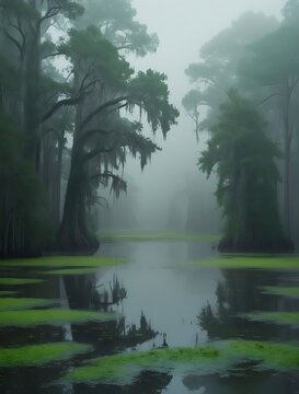 Misty swamp landscape with calm water, moss-covered trees, and atmospheric fog. Mysterious and serene wetland scenery featuring cypress trees, reflections, and lush greenery in a peaceful setting.

