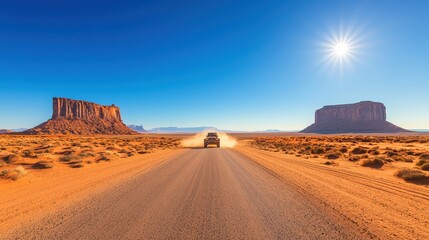 A stunning desert landscape features a road leading towards majestic rock formations under a clear blue sky with the sun shining brightly.
