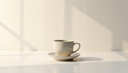 Minimalist coffee cup and saucer resting on a white table against a softly lit, light-colored wall, evoking tranquility and modern elegance.