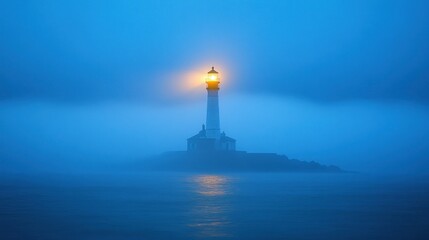 Fototapeta premium Lighted Lighthouse Stands Tall In Misty Ocean