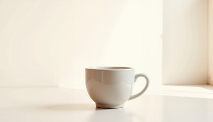 Fototapeta premium Minimalist white ceramic cup placed elegantly on a clean surface with soft natural lighting, creating a serene atmosphere for coffee appreciation.