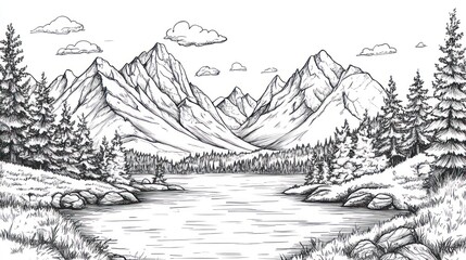 Mountain lake landscape sketch; serene nature scene