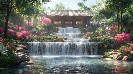 Tranquil waterfall cascading into serene Asian-style gazebo