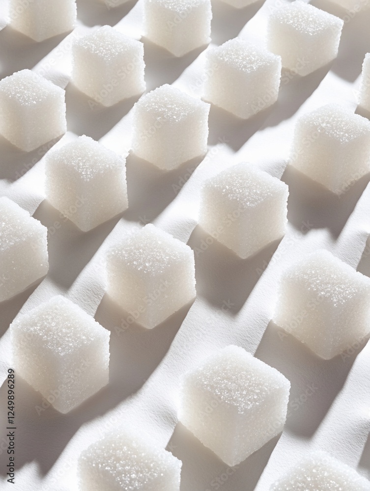 Aufkleber rows of white sugar cubes on a white surface, illuminated by light creating shadows.