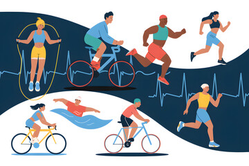 Obraz premium A cartoon illustration showing different types of activities such as running, walking, swimming, cycling, and jump rope to stay active.