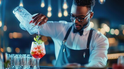 close up of cocktail, bartender pouring a cocktail into a glass