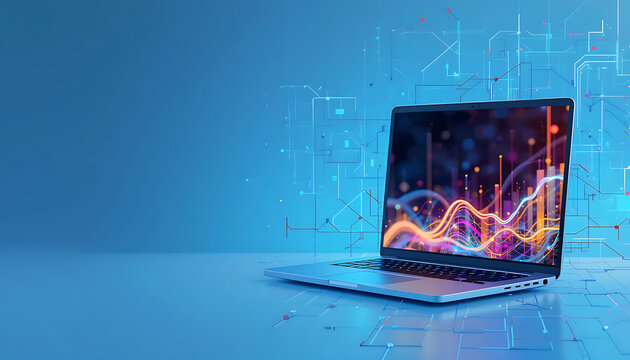 High-tech laptop displaying futuristic data visualization with colorful bar charts and financial graphs. computer technology. infographic. business intelligence. blue abstract tecnology background.