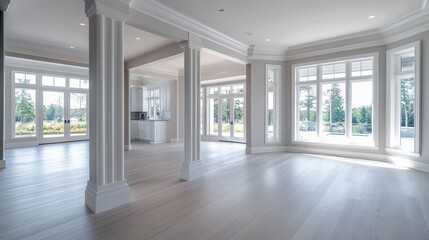 Obraz premium Sunlit spacious room with large windows, white columns, and hardwood floors.