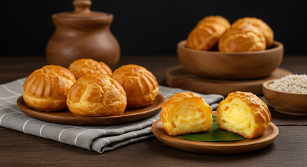 Golden Brown Cream Puffs On Wooden Platter