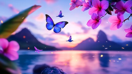 Floral Paradise Sunset Landscape with Butterfly