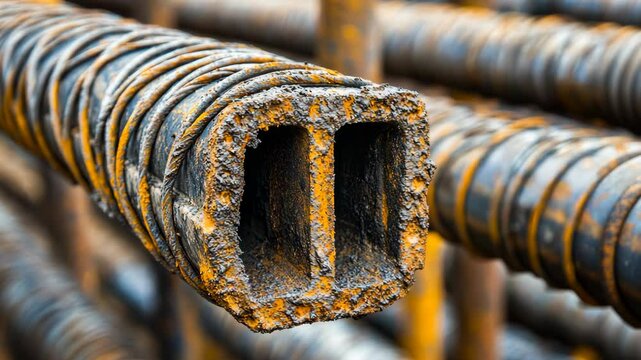 Close-up view of construction steel rebar stacked at a building site during daytime with dirt and dust visible on the surface
