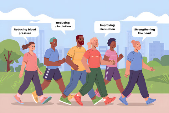 An illustration of people walking in a park. Walking can help you circulate blood and stay active