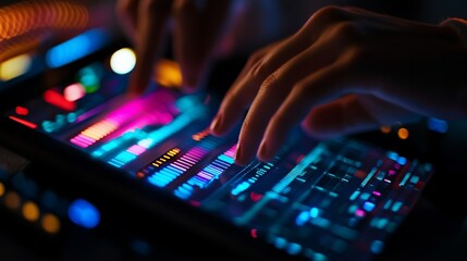 Obraz premium Close-up of hands using a tablet with colorful audio equalizer interface.