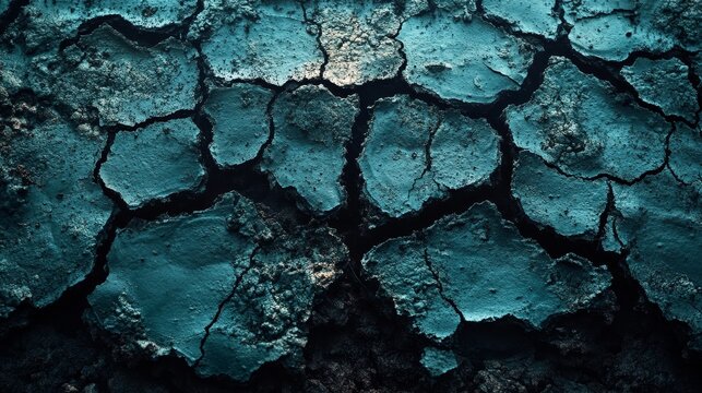 The image is of a cracked and broken surface, with a blue hue