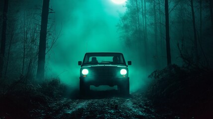 Mysterious Off-Road Vehicle Driving Through Foggy Forest at Night