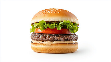 Delicious hamburger with sesame bun, fresh lettuce, tomato, and sauce.
