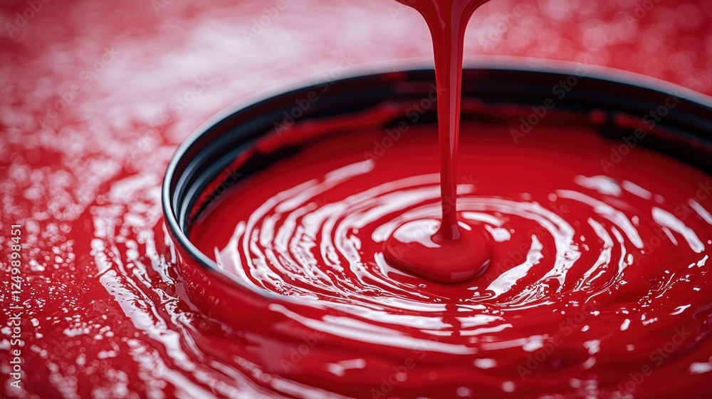 Poster red paint pouring into a container creating swirls