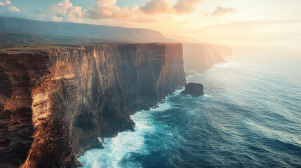 Scenic coastal cliffs with layered rock formations, ocean waves crashing below, dramatic sunlight in the summer, creating a symbolic contrast between stability and chaos, empty space for caption.

