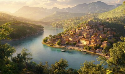 Lakeside village sunset, mountains, idyllic scenery, travel poster