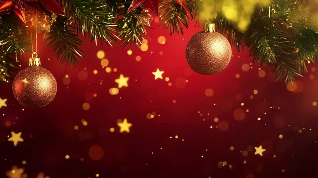 Traditional Christmas background with golden baubles and stars on red backdrop with copy space. Holiday decoration for Christmas, New Year, Advent, winter season celebration and greeting cards - Powered by Adobe