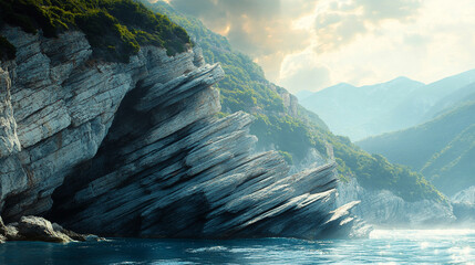 Scenic coastal cliffs with layered rock formations, ocean waves crashing below, dramatic sunlight in the summer, creating a symbolic contrast between stability and chaos, empty space for caption.

