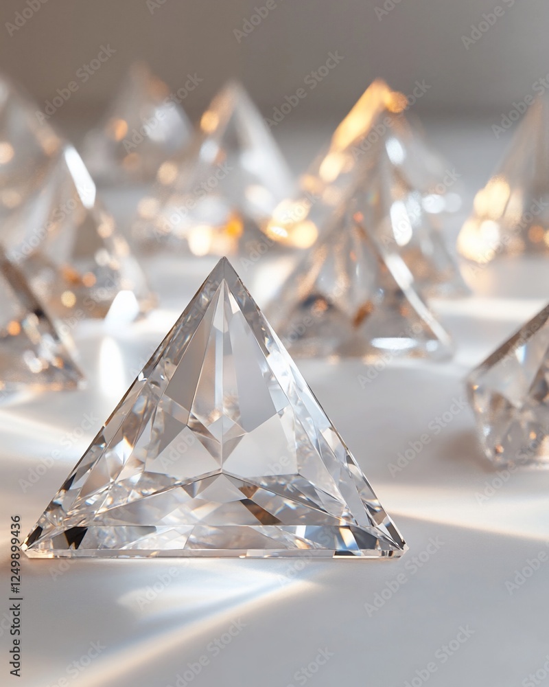 Poster sparkling triangular crystals scattered on a bright surface.