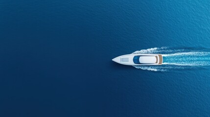 Obraz premium A sleek white yacht glides across deep blue water, leaving a trail of foam in its wake, showcasing luxury and leisure on a clear day.