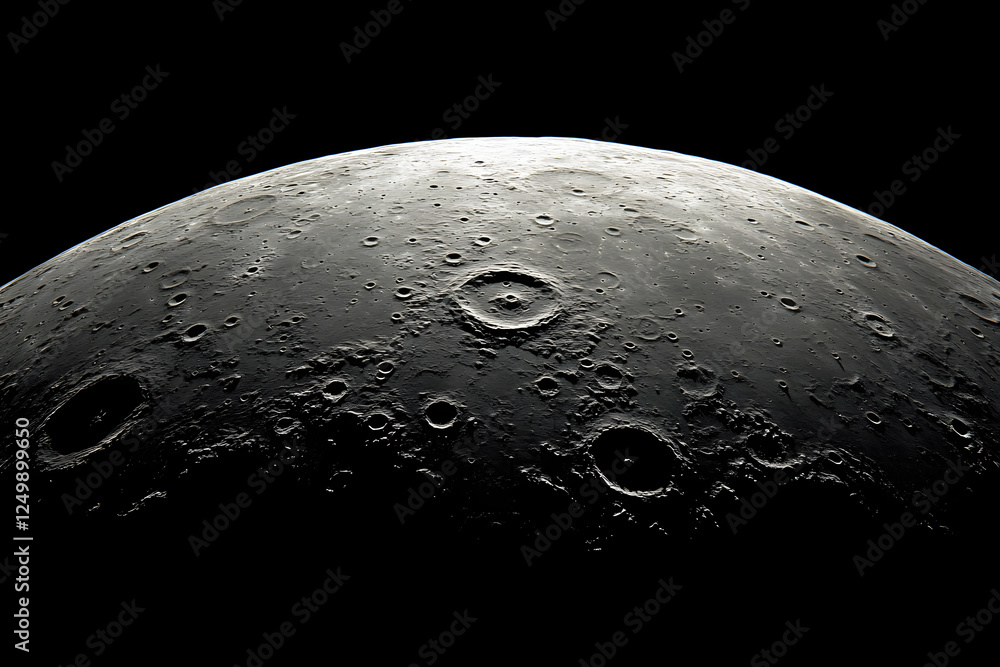 Poster close-up view of the moon's surface highlighting craters and textures against a black background