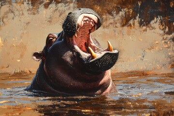 Majestic Hippo Yawning in Water with Lush Background Detail