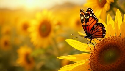 Monarch Butterfly Resting on Sunflower in Golden Field at Sunset