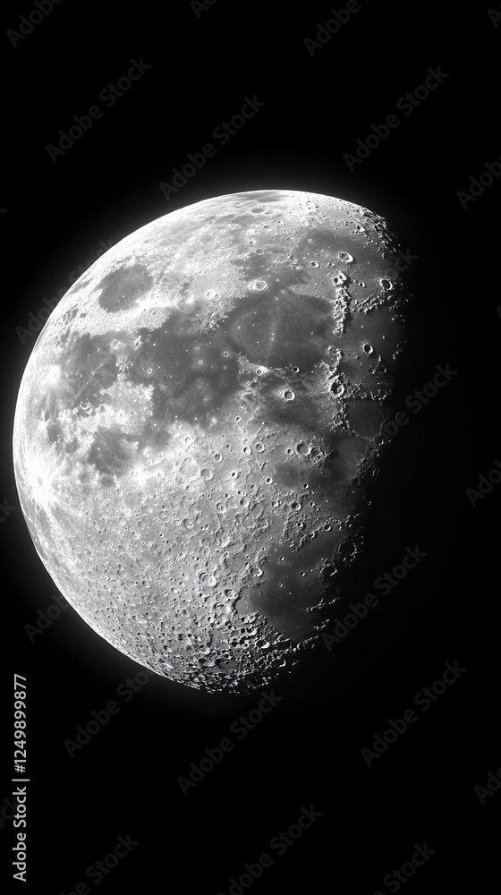 Poster close-up view of a detailed waxing gibbous moon with visible craters against a black background