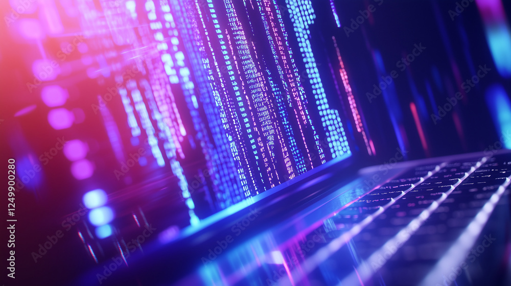Poster futuristic laptop with holographic binary code projection