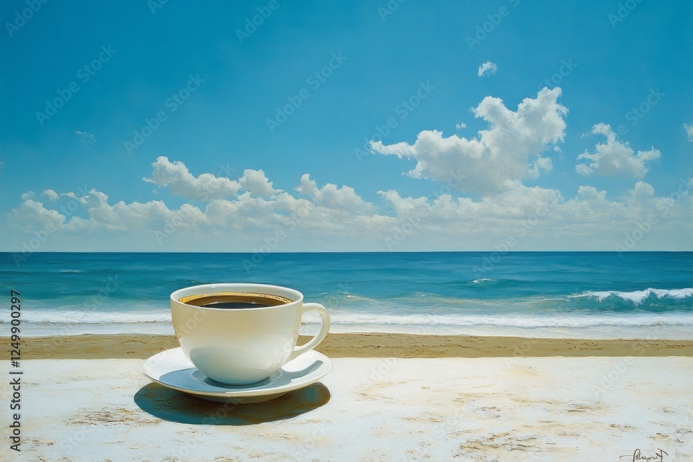 Poster a serene coastal view showcases a steaming cup of coffee set delicately on the sand, with waves gent