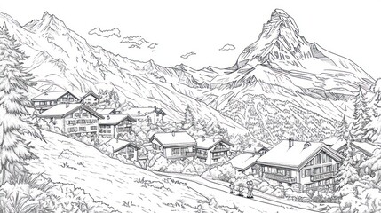 Swiss Alps village winter landscape, skiers, mountains, postcard