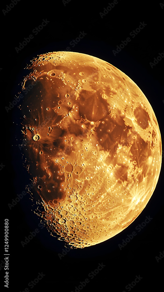 Poster stunning close-up view of a textured golden moon during a partial phase against dark backdrop