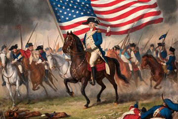 An illustration of a president going on a war. United States president on a horse. Washington