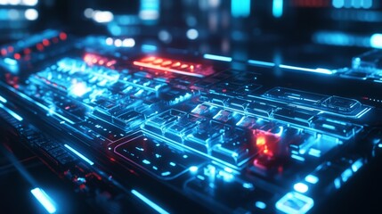 Fototapeta premium Futuristic keyboard with glowing blue and red accents. Cyberpunk style.