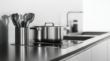 Sleek kitchen essentials: Stainless steel cookware and utensils add a modern touch.