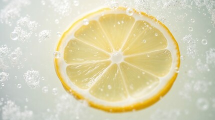 Lemon slice floating in sparkling water against white background