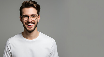 Obraz premium Smiling Man In White T-Shirt Against Light Gray Background