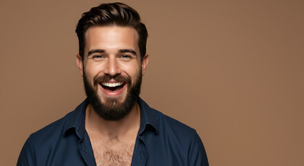 Fototapeta premium Smiling Man With Beard In Dark Blue Shirt Against Light Brown Background
